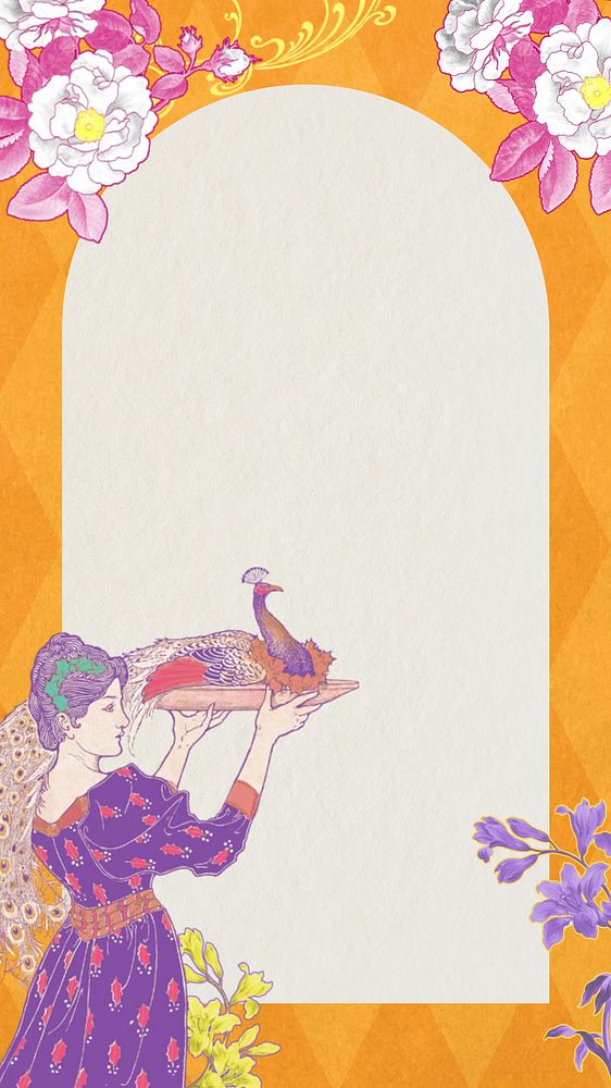 Orange floral frame phone wallpaper, editable vintage botanical illustration, remixed from the artwork of Louis Rhead