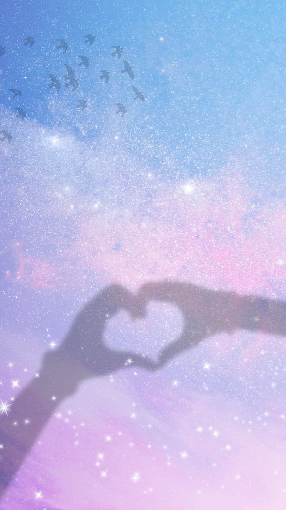 Dreamy heart hands iPhone wallpaper, aesthetic glittery sky background, editable design