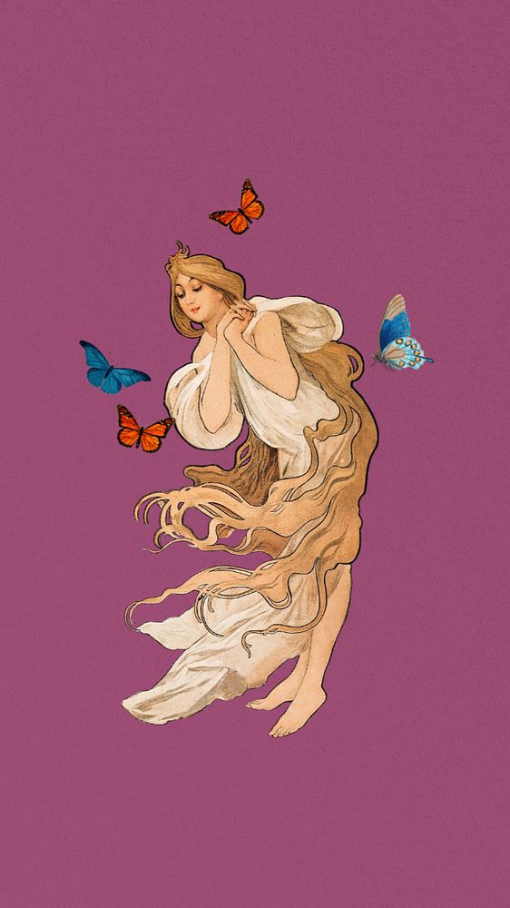 Vintage butterfly woman mobile wallpaper, purple background, remixed from the artwork of Alphonse Mucha, editable design