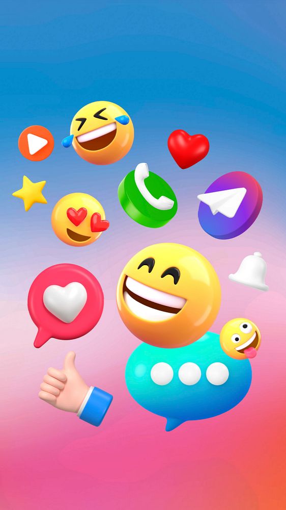 Social media emoticons iPhone wallpaper, colorful 3D rendering, editable design