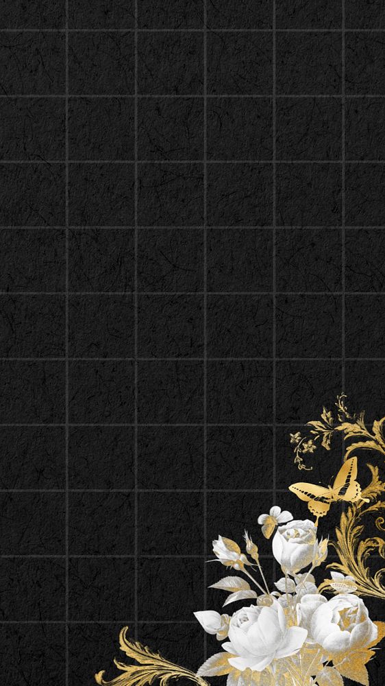 Aesthetic black iPhone wallpaper, editable gold rose border, remixed by rawpixel