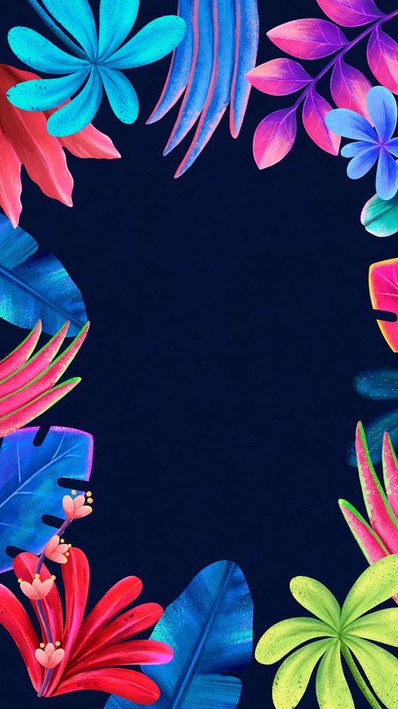 Colorful tropical mobile wallpaper, neon leaf frame background