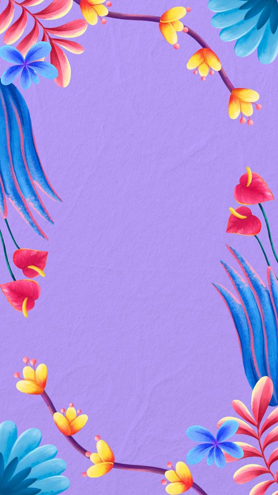 Tropical flowers frame iPhone wallpaper, purple botanical background