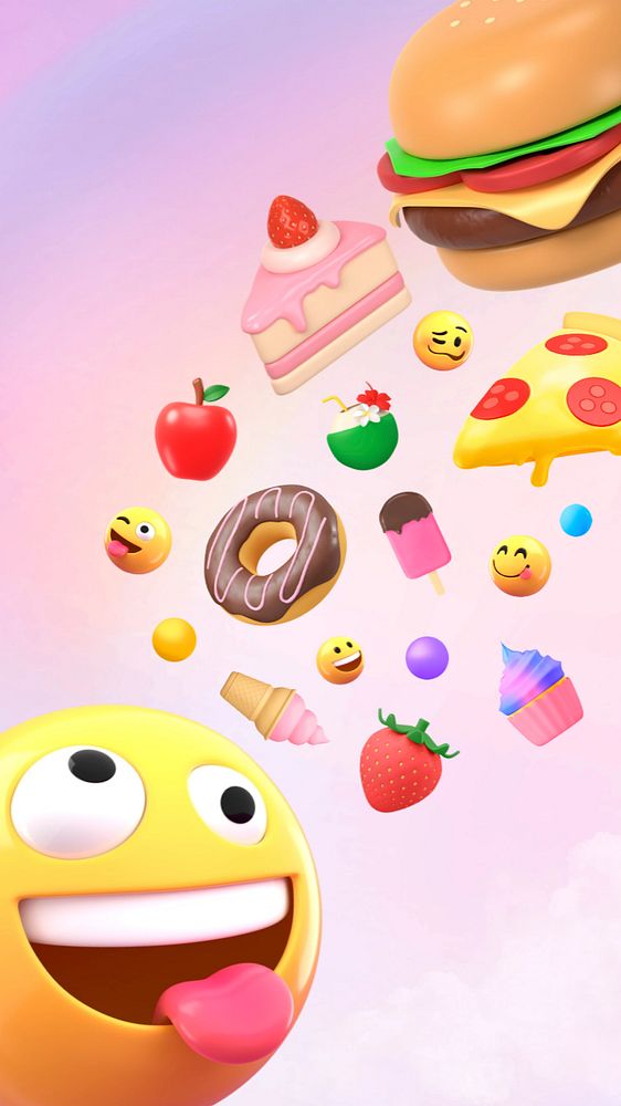 3D emoticon eating iPhone wallpaper, fast food illustration, editable design