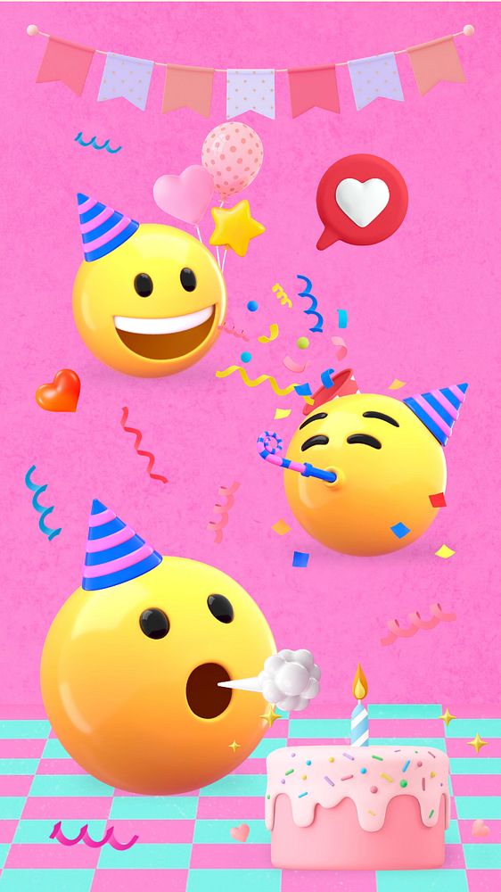 Birthday party emoticon iPhone wallpaper, 3D colorful background, editable design