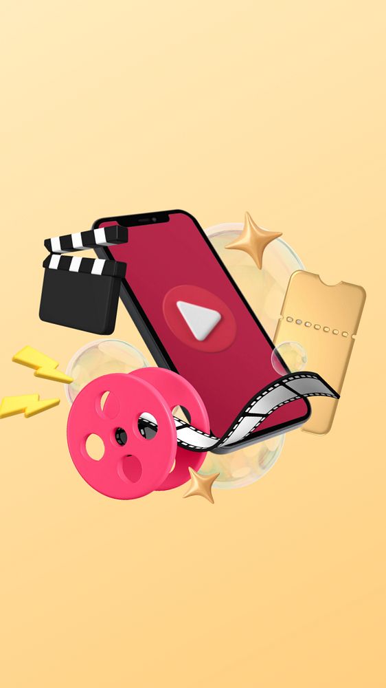 Smartphone entertainment mobile wallpaper, 3D film reel icon, editable design