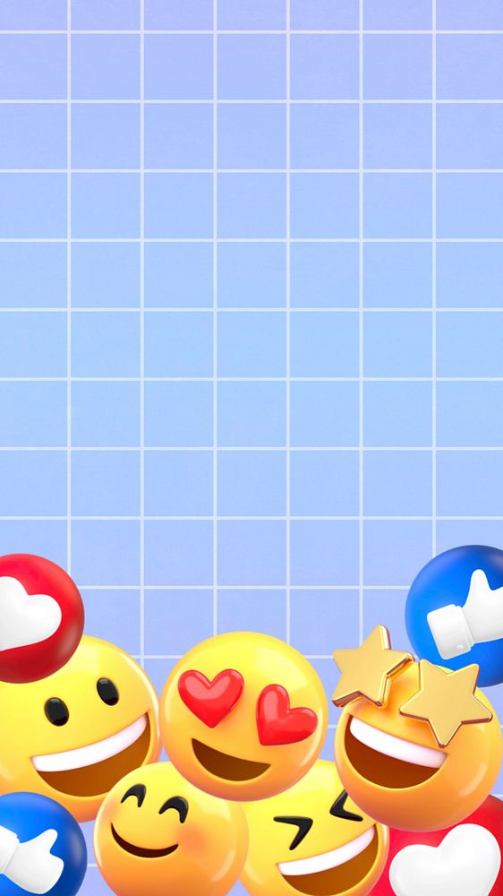 Blue grid patter iPhone wallpaper, 3D emoticons border, editable design