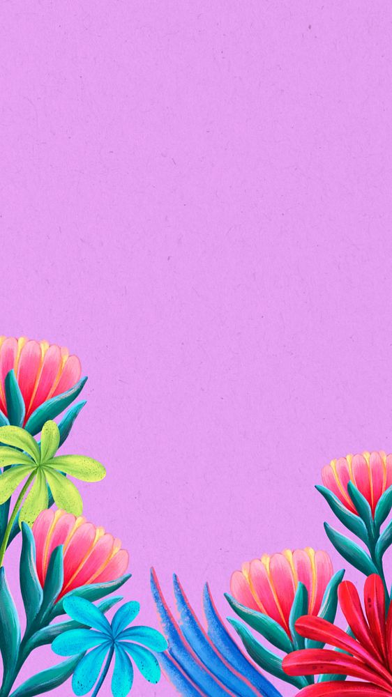 Tropical flowers border iPhone wallpaper, purple botanical background