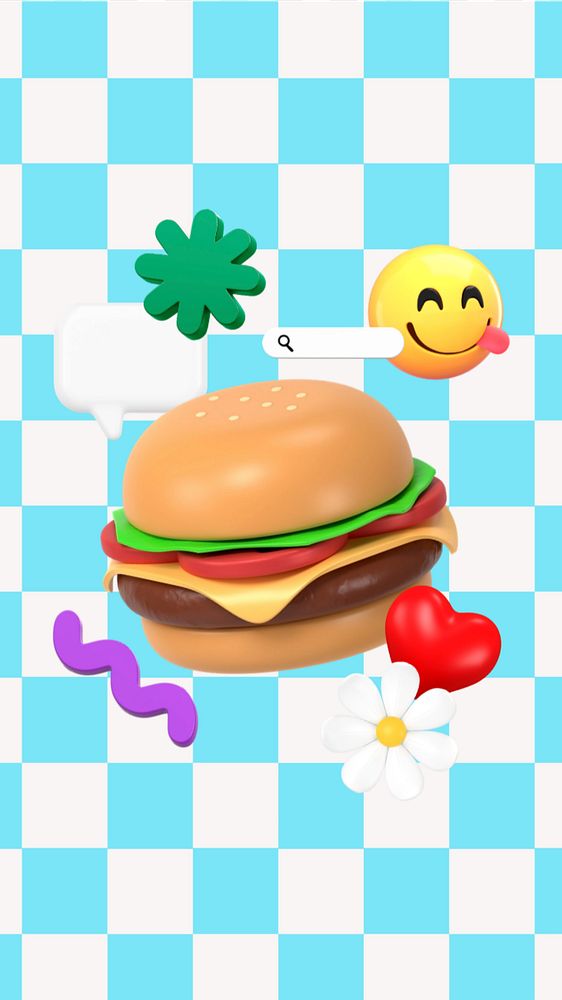 3D hamburger iPhone wallpaper, emoticon eating food illustration, editable design