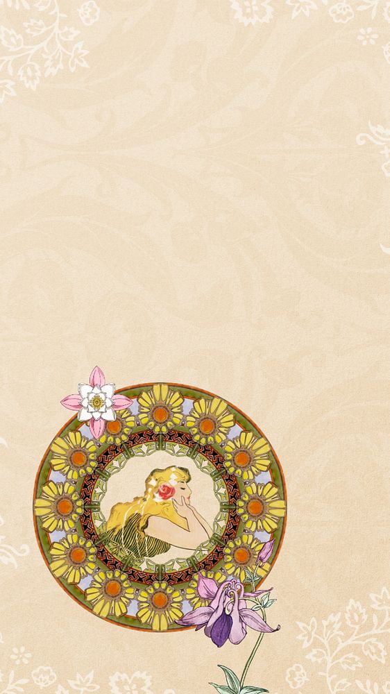 Beige vintage woman phone wallpaper, aesthetic leafy patterned background, remixed from the artwork of Alphonse Mucha…