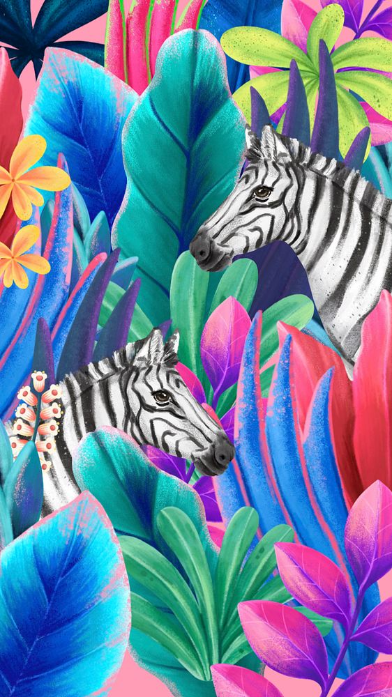 Zebra wildlife iPhone wallpaper, colorful leaf background