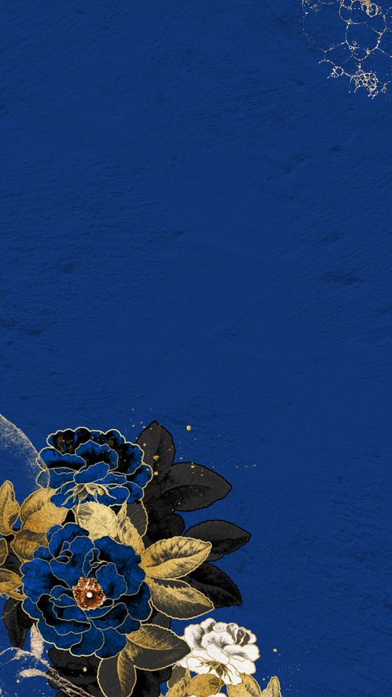 Blue iPhone wallpaper, editable gold flower border, remixed by rawpixel