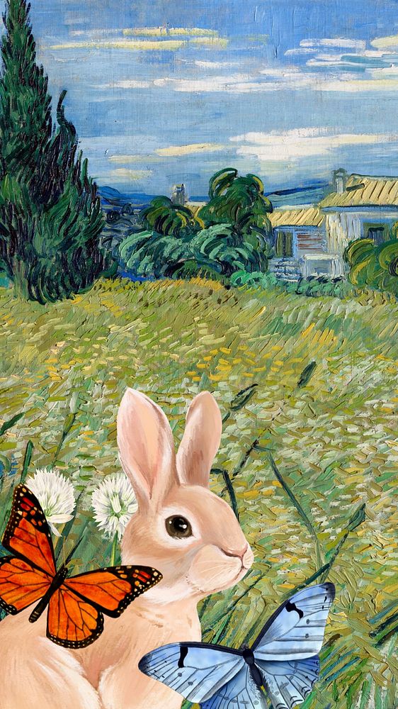 Rabbit in garden iPhone wallpaper, drawing design