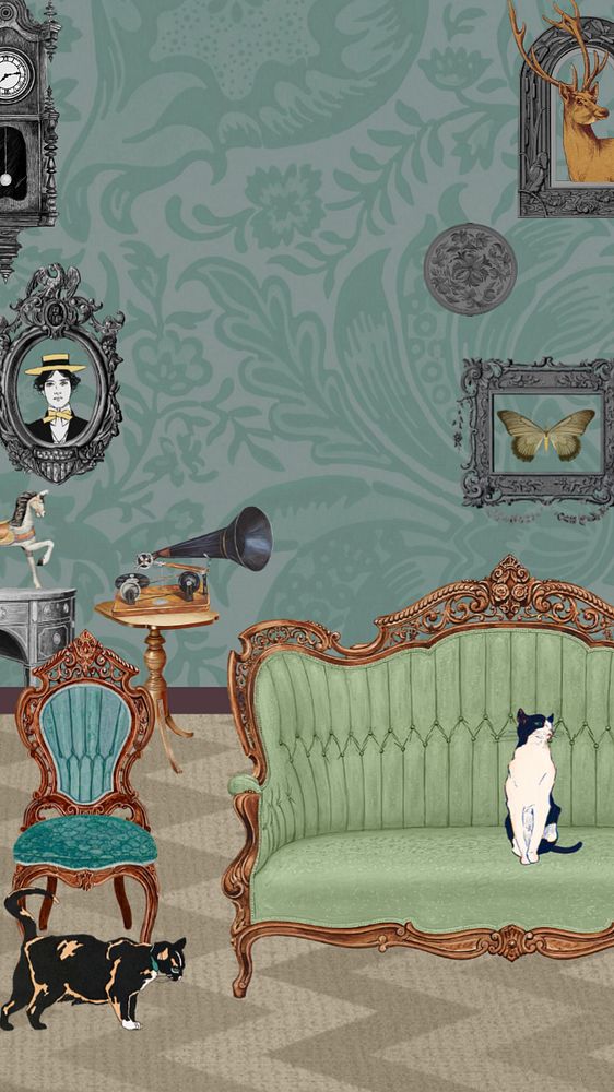 Vintage living room iPhone wallpaper, editable cats in a house drawing, remixed by rawpixel