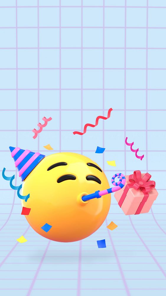 3D party emoticon iPhone wallpaper, blue grid pattern, editable design