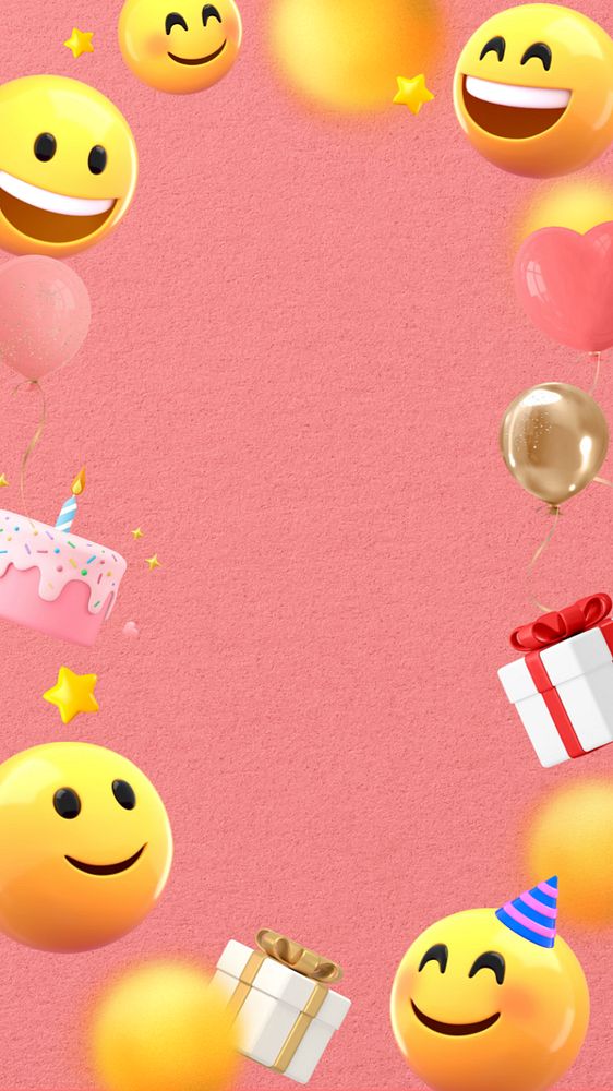 Pink party emoticons iPhone wallpaper, 3D frame background, editable design