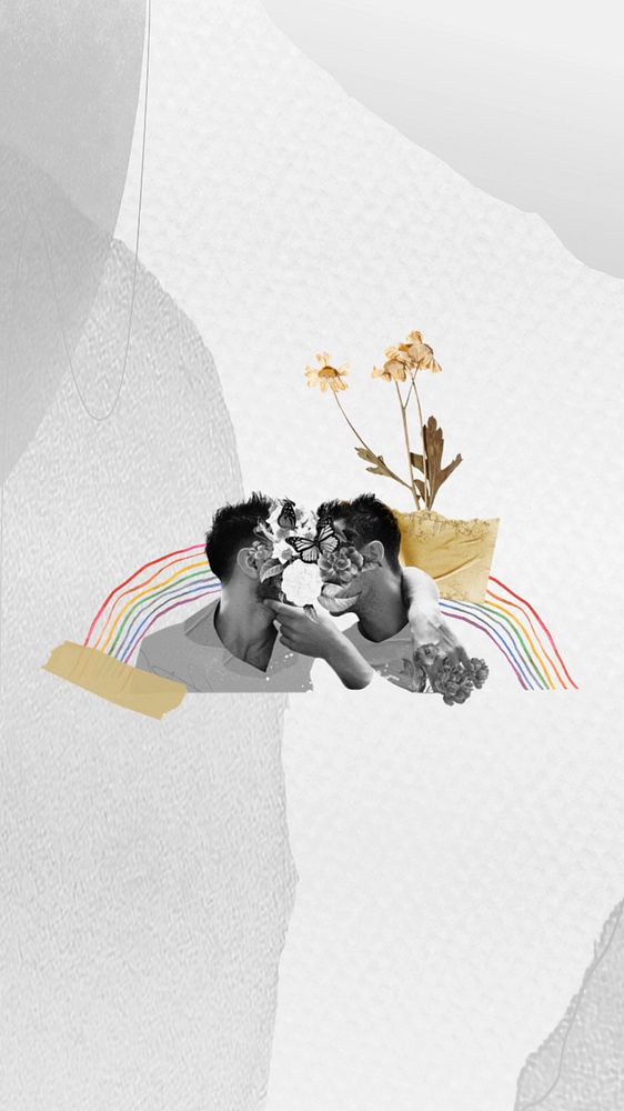 Gay couple kissing phone wallpaper, LGBTQ community background, editable design