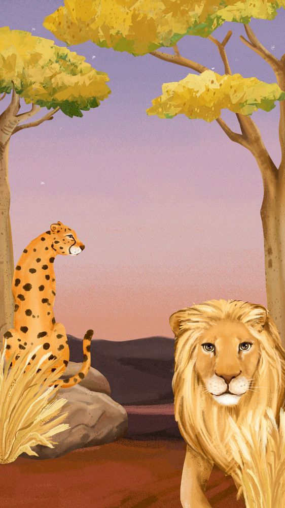 Lion & leopard iPhone wallpaper, drawing design