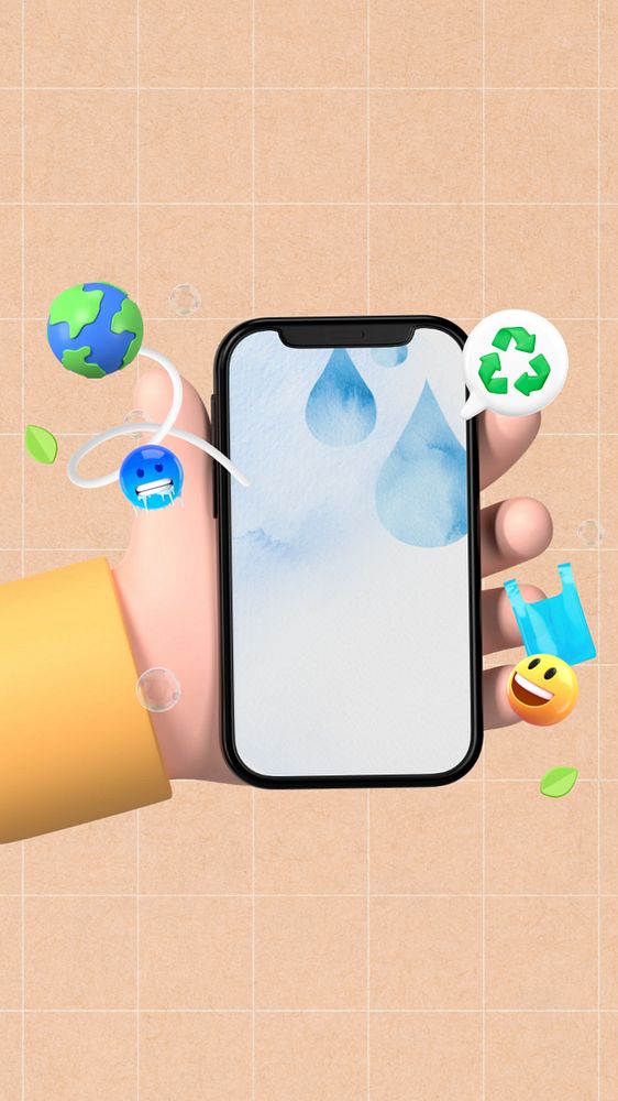 3D save water iPhone wallpaper, hand holding a phone illustration, editable design