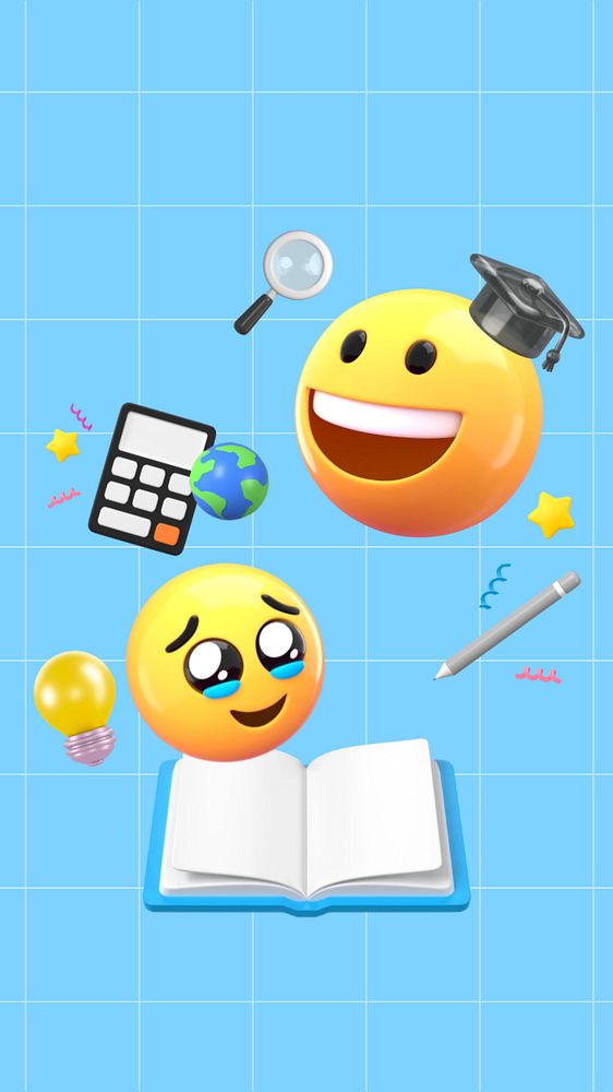 Blue education iPhone wallpaper, 3D emoticons, editable design
