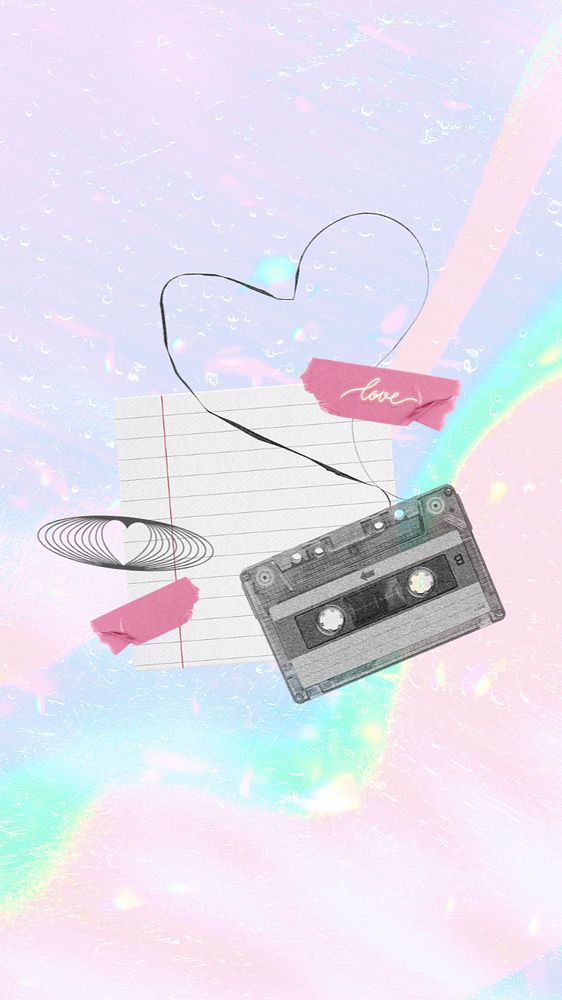 Love cassette tape iPhone wallpaper, aesthetic Valentine's background, editable design