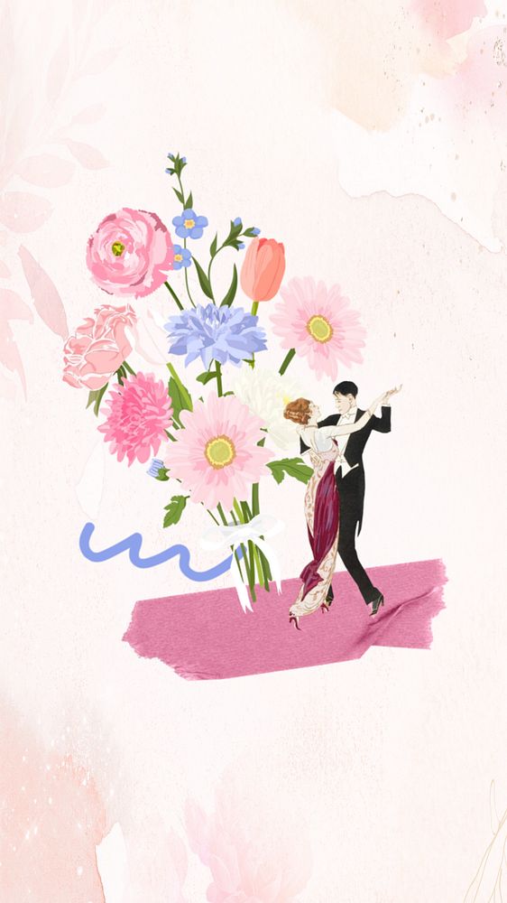 Aesthetic flower bouquet mobile wallpaper, couple dancing illustration, editable design