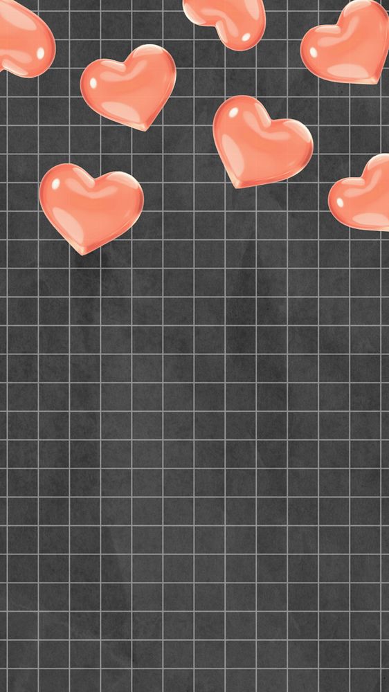 3D falling hearts phone wallpaper, black grid pattern, editable design