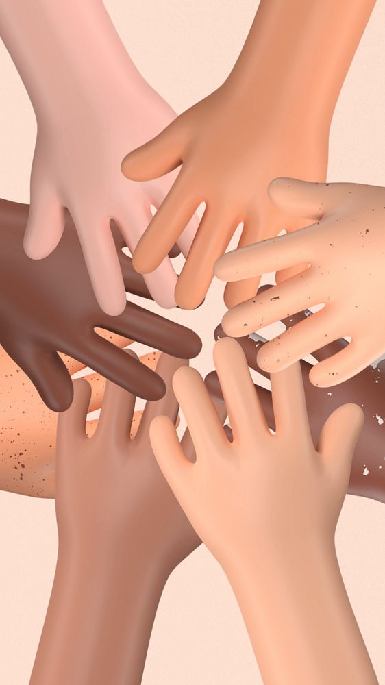 Joined diverse hands mobile wallpaper, 3D rendering background, editable design