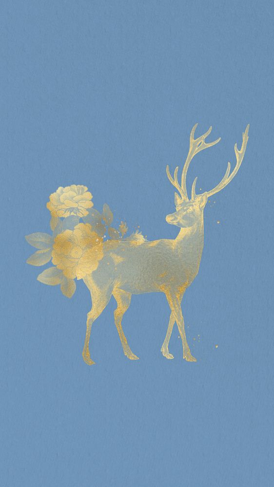 Editable gold stag iPhone wallpaper, blue design, remixed by rawpixel