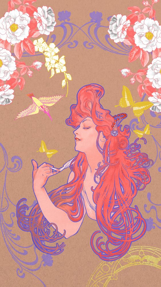 Vintage flower goddess mobile wallpaper, editable Art Nouveau background, remixed from the artwork of Alphonse Much