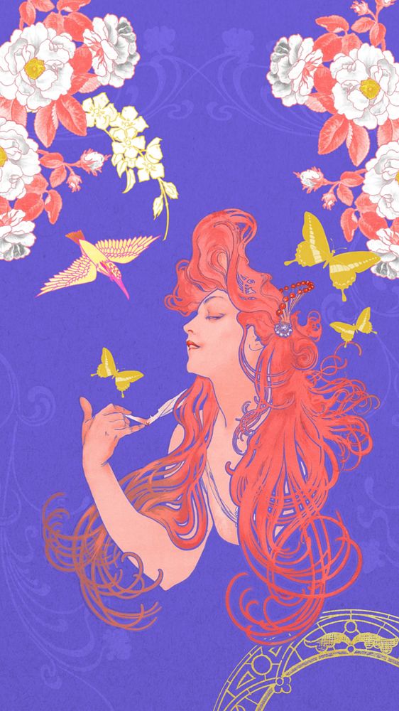 Vintage flower goddess mobile wallpaper, editable Art Nouveau background, remixed from the artwork of Alphonse Much