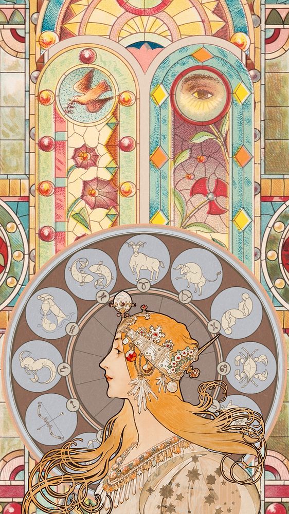 Alphonse Mucha's zodiac iPhone wallpaper, editable famous Art Nouveau artwork, remixed by rawpixel