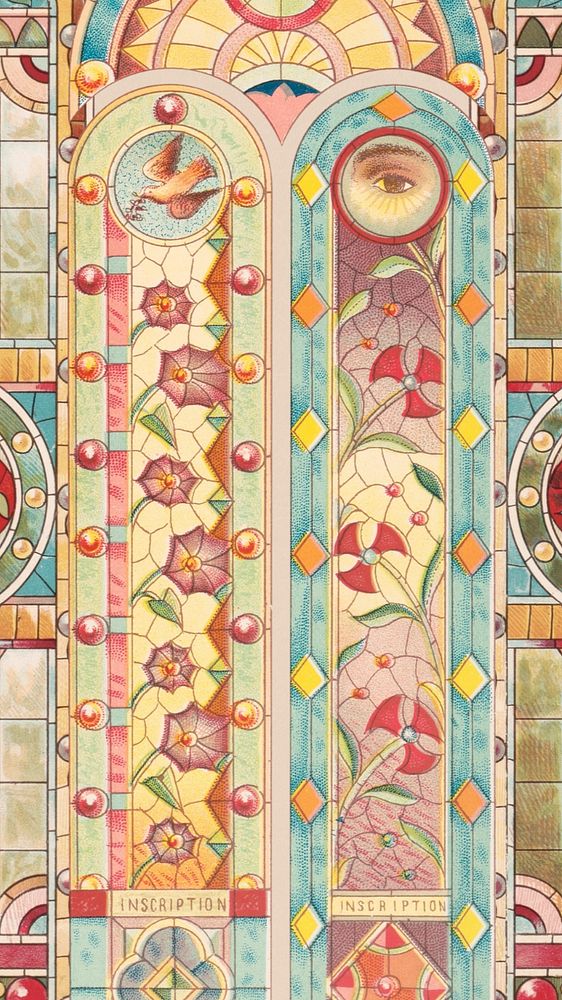 Editable Art Nouveau iPhone wallpaper, church's stained glass design, remixed by rawpixel