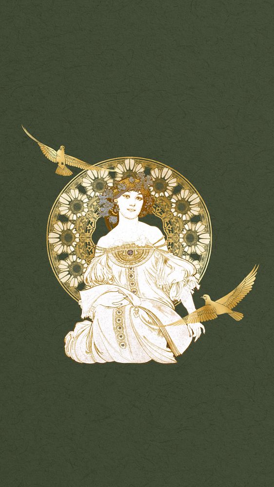 F Champenois iPhone wallpaper, Alphonse Mucha's famous artwork, remixed by rawpixel, editable design