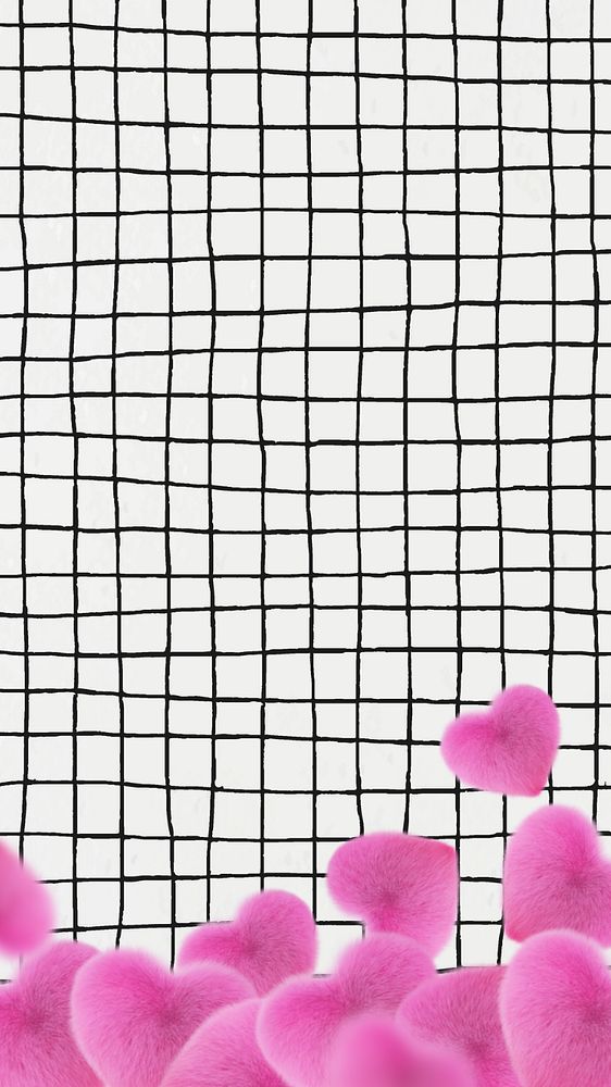 Distorted grid pattern iPhone wallpaper, furry hearts border background, editable design