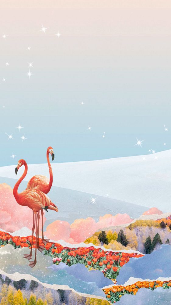 Dreamy flamingo iPhone wallpaper, surreal ripped paper border, editable design