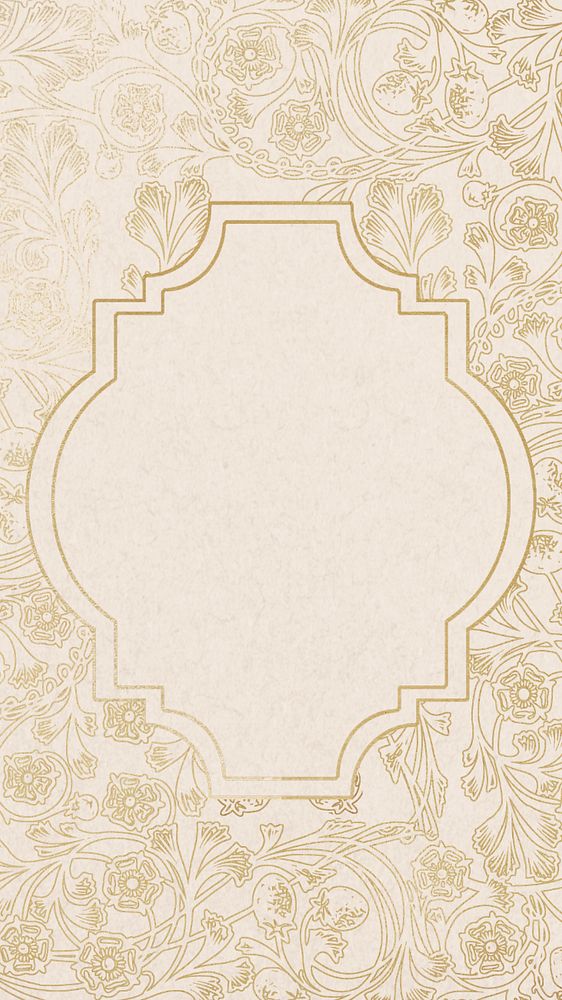 Leafy patterned frame phone wallpaper, editable beige vintage background, remixed by rawpixel