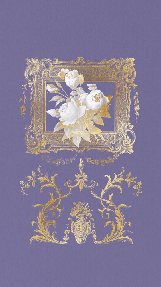 Editable purple iPhone wallpaper, gold floral picture frame, remixed by rawpixel