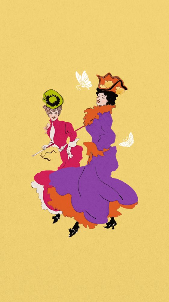 Colorful Victorian women iPhone wallpaper, vintage yellow background, remixed by rawpixel, editable design