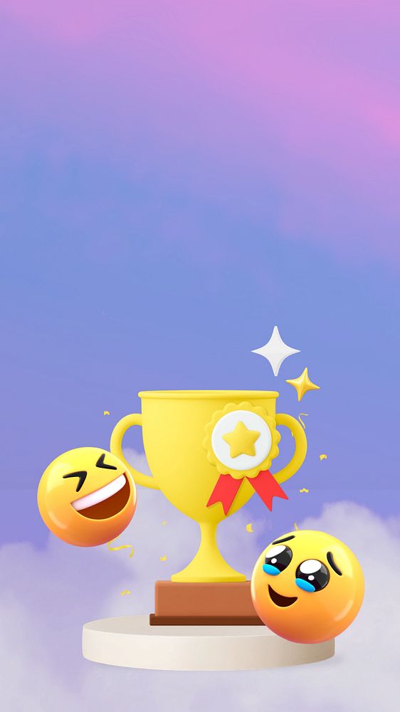 3D winning emoticon iPhone wallpaper, trophy illustration, editable design