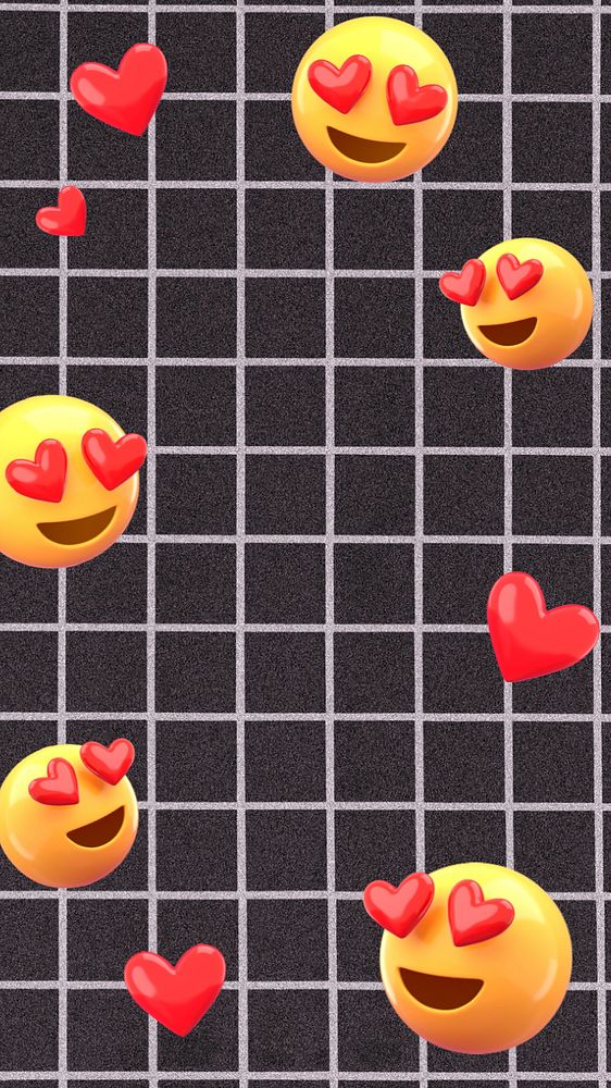 3D heart-eyes emoticons phone wallpaper, black grid background, editable design