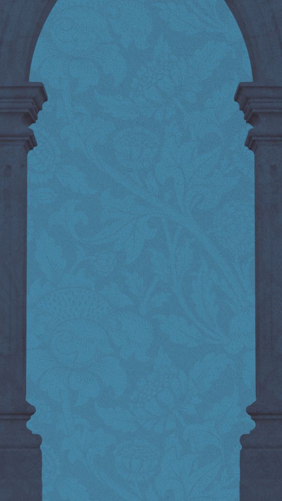 Blue iPhone wallpaper, editable arch pillar frame, William Morris' flower patterned background, remixed by rawpixel