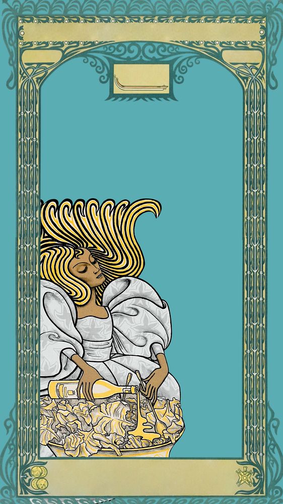 Teal vintage woman iPhone wallpaper, editable Greek pillars frame background, remixed by rawpixel