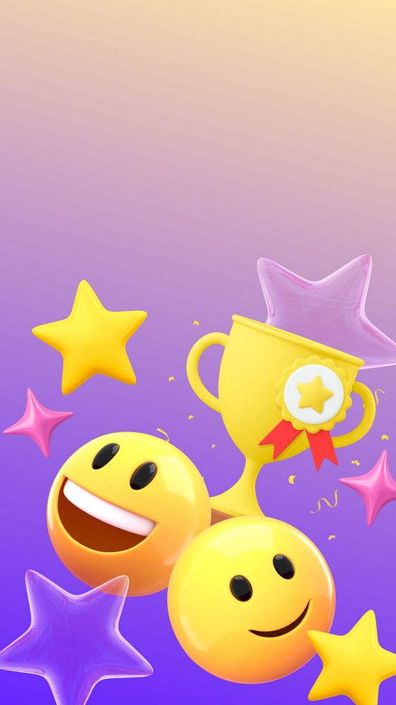 3D winning emoticon iPhone wallpaper, trophy illustration, editable design