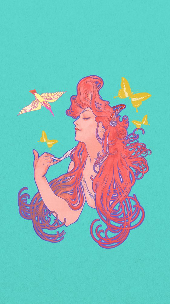 Vintage nature goddess mobile wallpaper, art nouveau background, remixed from the artwork of Alphonse Mucha, editable design