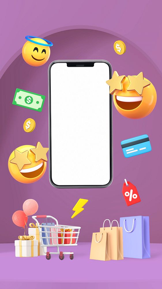 Online shopping iPhone wallpaper, 3D emoticons & blank phone screen, editable design