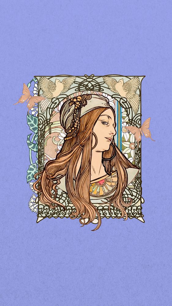Art nouveau lady mobile wallpaper, Alphonse Mucha's vintage artwork, remixed by rawpixel, editable design