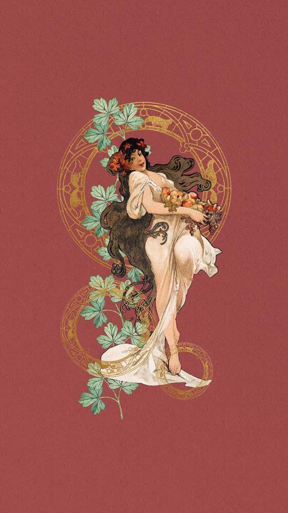 Vintage floral woman phone wallpaper, remixed from the artwork of Alphonse Mucha, editable design