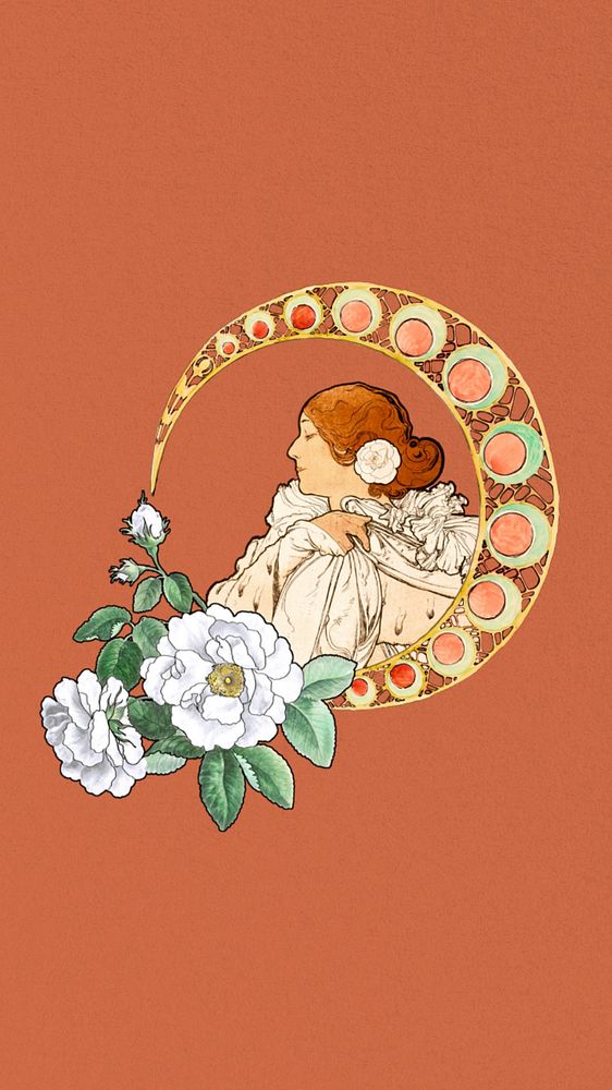 Art nouveau lady iPhone wallpaper, orange floral background, remixed by rawpixel, editable design