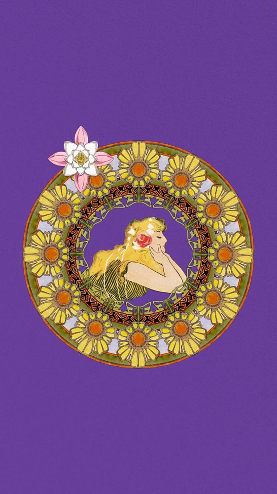 Alphonse Mucha's lady iPhone wallpaper, ornament, art nouveau illustration, remixed by rawpixel, editable design